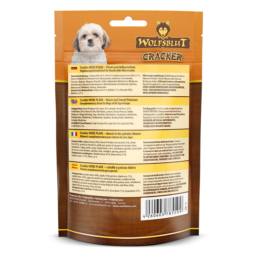 Wolfsblut Cracker Wide Plain – Pferd & Süßkartoffeln, Ergänzungsfutter f. Hunde, getreidefrei, ohne künstl. Zusatzstoffe.