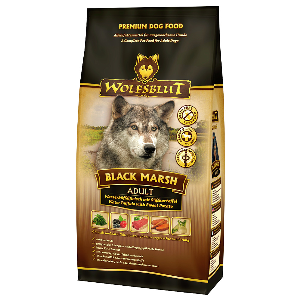 WOLFSBLUT Black Marsh Adult: Premium-Trockenfutter f. erw. Hunde, Wasserbüffel & Süßkartoffel, getreidefrei, 15 kg.
