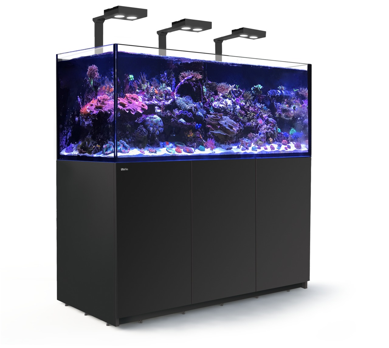 Das Bild zeigt das Red Sea Reefer 3XL 900 Aquarium, ein hochwertiges Meerwasseraquarium für erfahrene Aquarianer. Es bietet ein großzügiges Fassungsvermögen von 900 Litern und ist ideal für Korallen und Meerestiere. Das elegante Design umfasst einen schwa