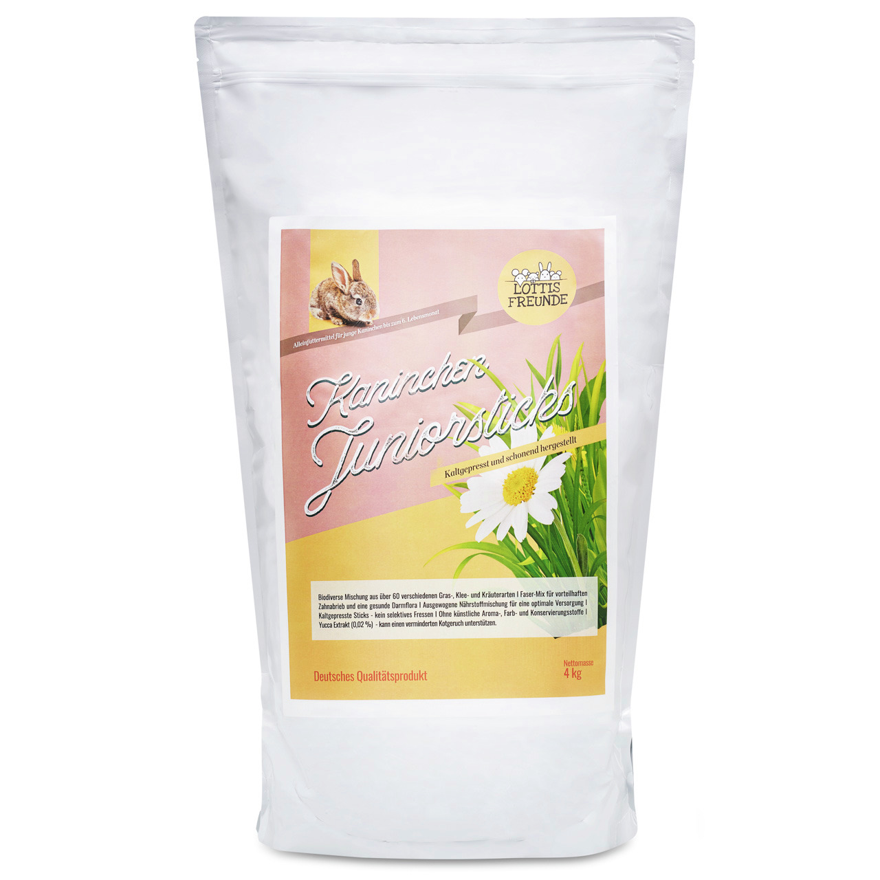 Lottis Freunde Kaninchen Juniorsticks, 4 kg, für junge Kaninchen, Gräser-Kräuter-Luzerne, deutsches Qualitätsprodukt.