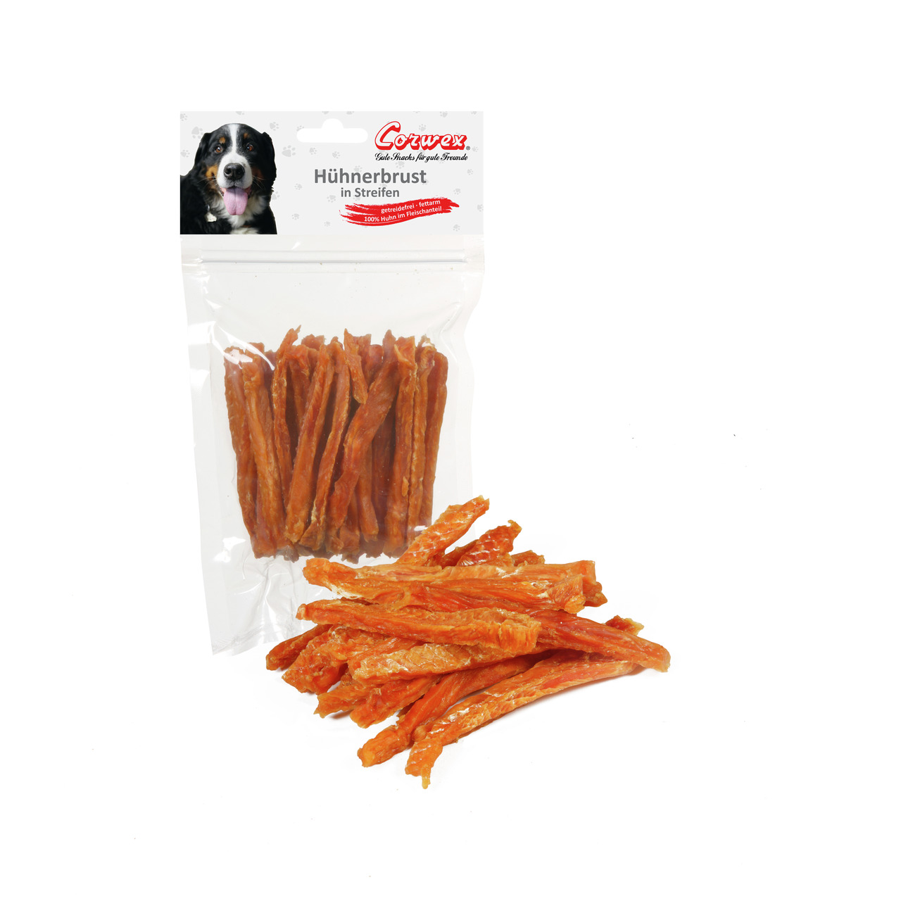 Das Bild zeigt eine transparente Verpackung der Marke Corwex mit dem Produkt „Hühnerbrust in Streifen“. Es handelt sich um einen Hundesnack, der aus 100 % Hühnerfleisch besteht. Die Zielgruppe sind Hunde. Neben der Verpackung sind die Streifen auch lose a