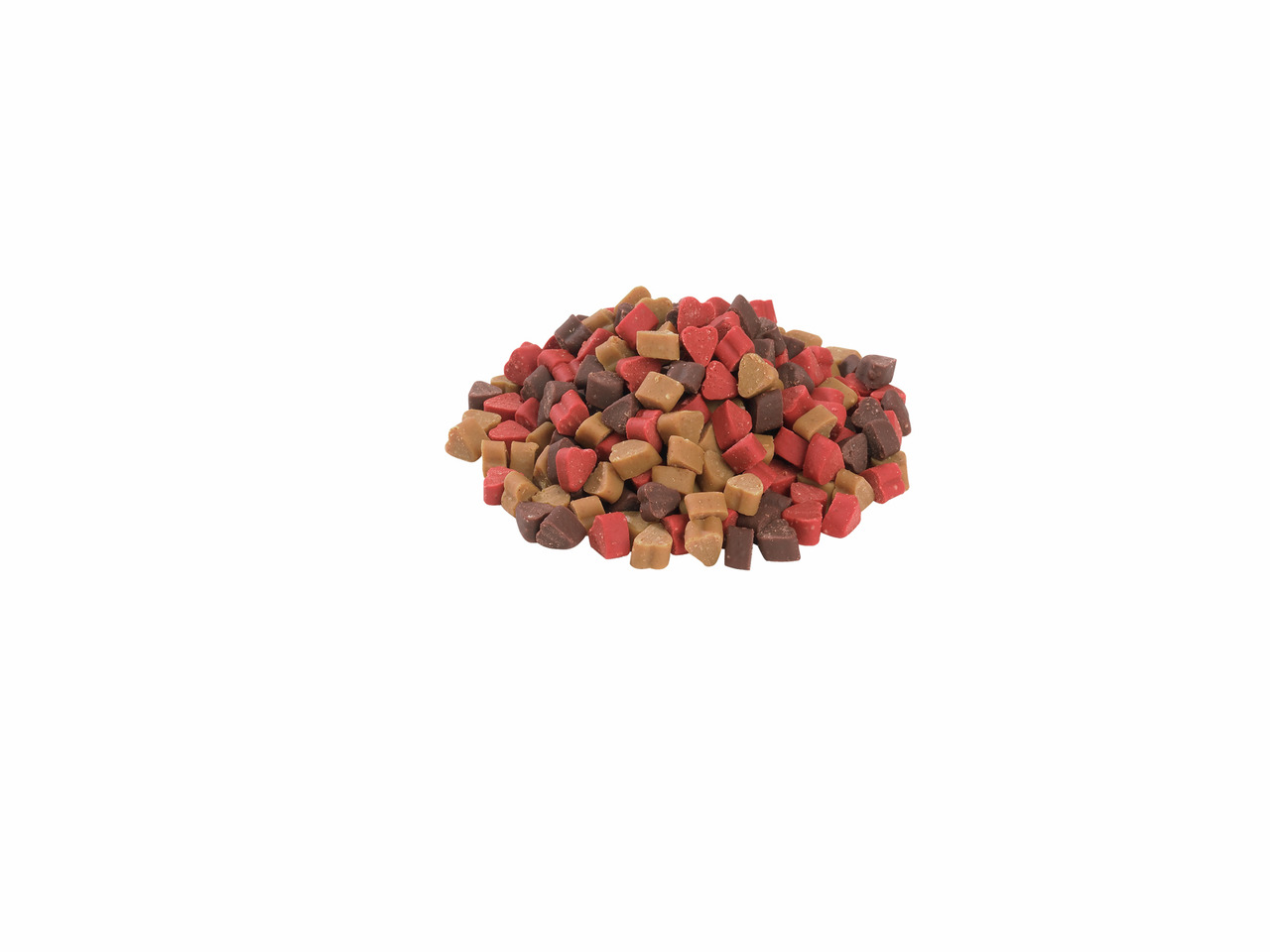 Ein Haufen bunter Hundesnacks der Marke StarSnack in Herzform, geeignet für Hunde als Belohnung oder Snack zwischendurch. Die Leckerlis sind in den Farben Rot, Braun und Beige gehalten und bieten eine abwechslungsreiche Geschmacksvielfalt. Verpackungsmeng