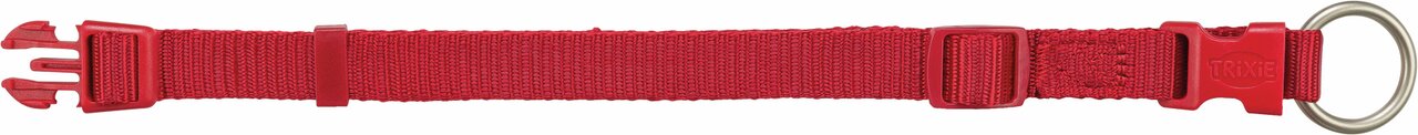 Rotes Hundehalsband von TRIXIE mit verstellbarem Gurt, Kunststoffverschluss und Metallring, geeignet für kleine bis mittelgroße Hunde.