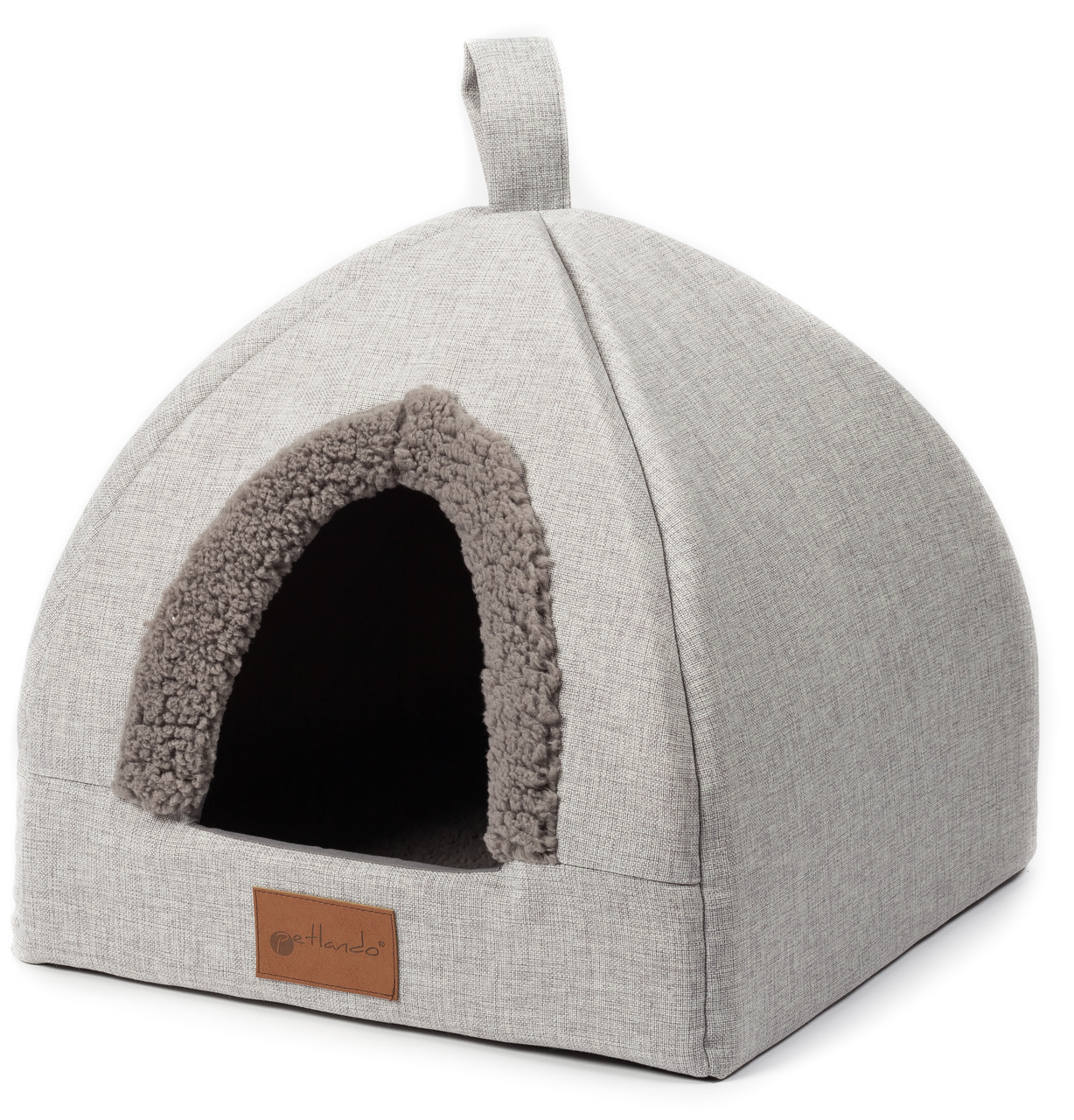 Petlando Haustierbett, iglu-förmig, für Katzen & kl. Hunde, weicher Stoff, plüschige Öffnung, gemütlich, mit Schlaufe, elegantes Design.