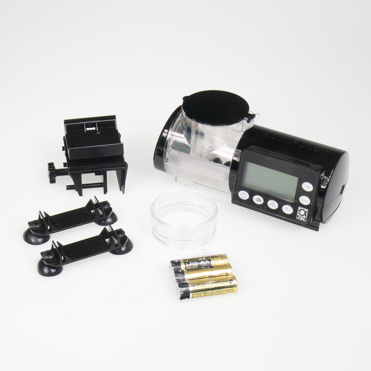 JBL AutoFood Futterautomat für Aquarien, für Aquarienbesitzer, schwarz, mit Display, inkl. Halterungen, Saugnäpfe, Batterien, Behälter.