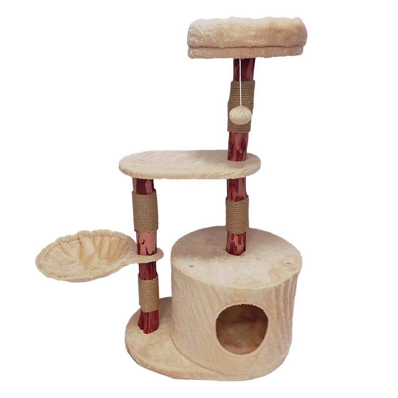 Katzenkratzbaum von duvoplus aus Holz und Plüsch, ideal für Katzen, mit Liegeflächen, Höhle und Spielball.