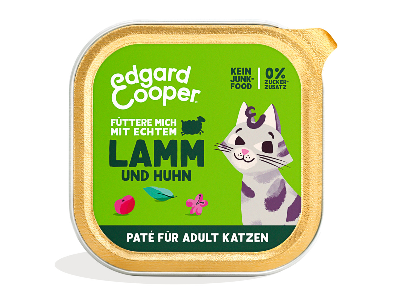 Edgard & Cooper Katzenfutter, Lamm & Huhn, für ausgewachsene Katzen, „Kein Junk-Food“, „0 % Zuckerzusatz“.