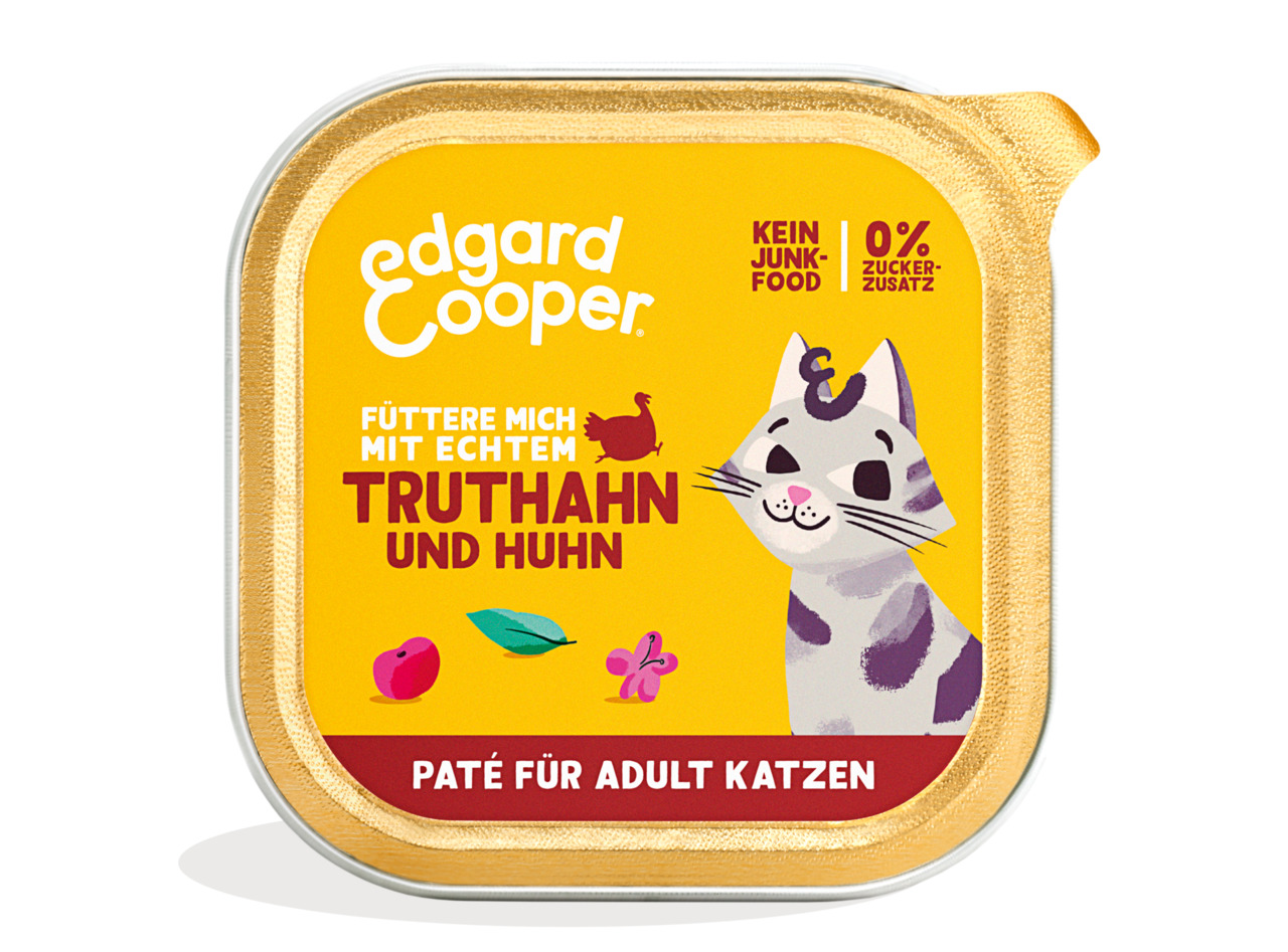 Edgard & Cooper Katzenfutter, Paté für ausgewachsene Katzen, Truthahn & Huhn, „Kein Junk-Food“, „0 % Zuckerzusatz“, gelbe Verpackung.