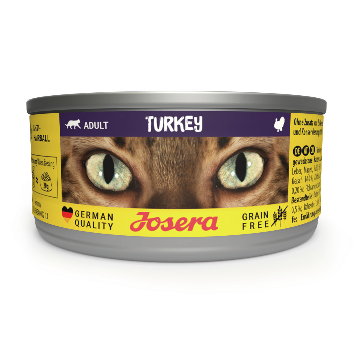 Josera Katzenfutter Adult, Truthahn, getreidefrei, Anti-Hairball, deutsche Qualität, 85 g.