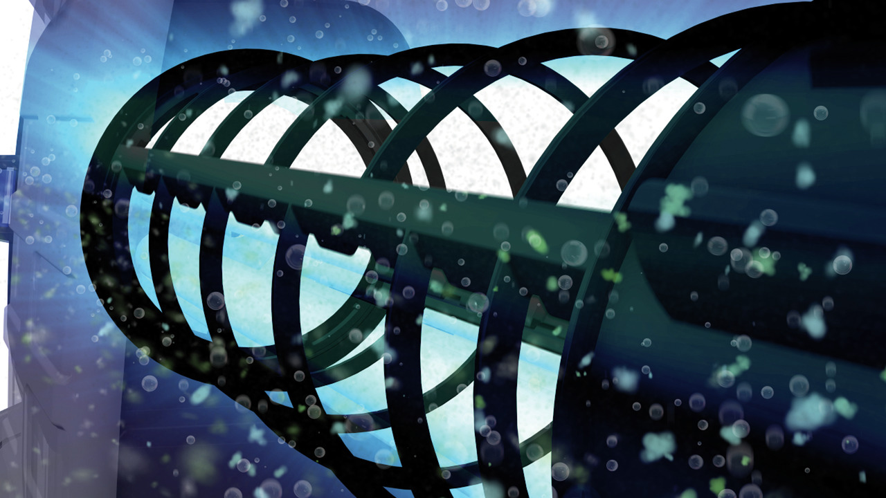 Das Bild zeigt eine Nahaufnahme eines Oase AquaMax Eco Premium Filtersystems, das speziell für Teiche und Aquarien entwickelt wurde. Die Darstellung fokussiert auf die innovative Spiraltechnologie, die Wasser effizient reinigt und Schmutzpartikel entfernt