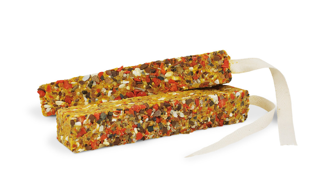 JR FARM Knabberstangen, Ziervögel (Wellensittiche-Kanarienvögel), Saaten+Getreide, rot-gelb, mit Bändern, 2 Stk.