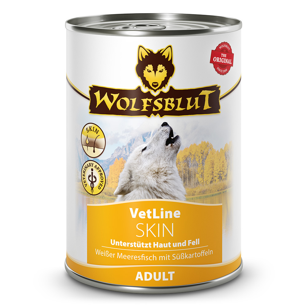 Wolfsblut VetLine Skin, Hundefutter für erw. Hunde, weißer Meeresfisch & Süßkartoffeln, unterstützt Haut & Fell, 395 g.