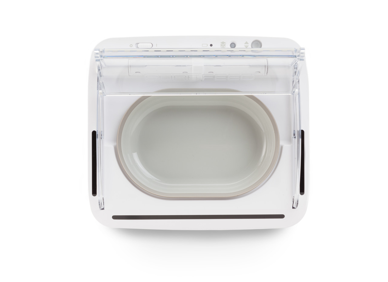 SureFeed Mikrochip Futterautomat, für Katzen & kl. Hunde, erkennt Mikrochip, verhindert Futterdiebstahl, weiße Basis, Futterschale.