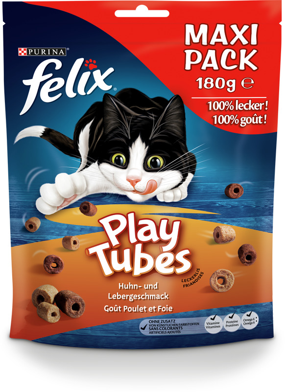 Das Bild zeigt die Verpackung der Felix Play Tubes, einem Snack für Katzen von der Marke Purina Felix. Die Geschmacksrichtung ist Huhn und Leber. Es handelt sich um ein Maxi Pack mit 180 g Inhalt. Die Verpackung wirbt mit "100% lecker!" und enthält keine 