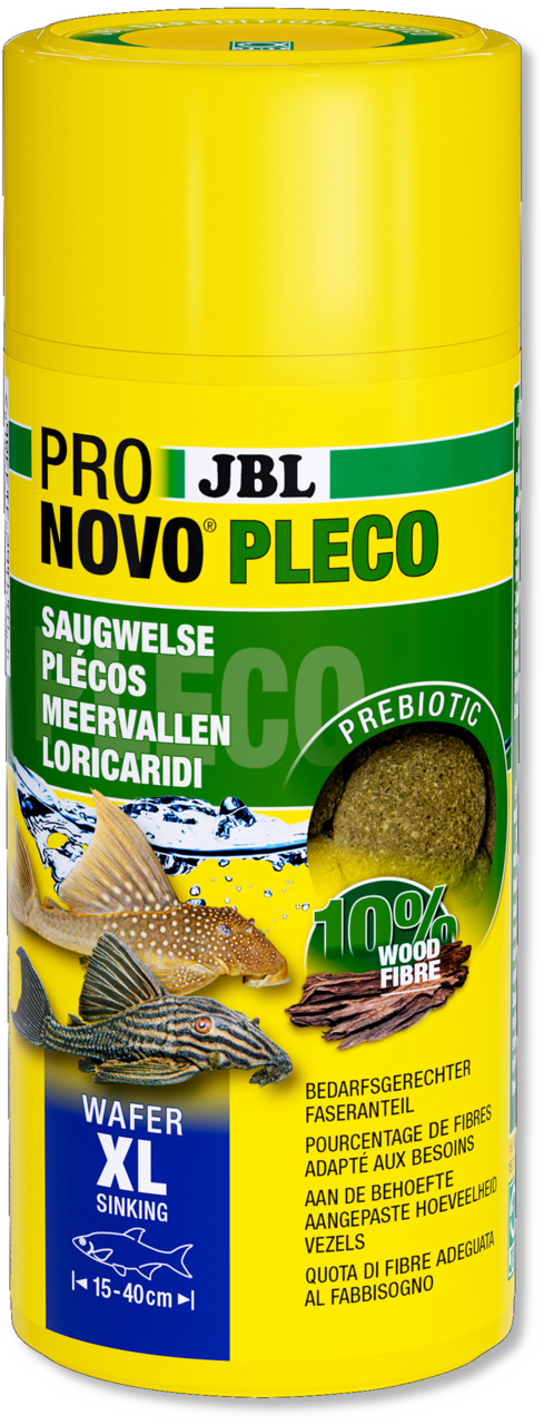 Das Bild zeigt eine gelbe Dose des Produkts „JBL Pro Novo Pleco Wafer XL“, ein spezielles Fischfutter für Saugwelse und andere Bodenfische. Die Zielgruppe sind Aquarienbesitzer mit Fischen von 15-40 cm Länge. Das Futter enthält 10 % Holzfasern und ist prä