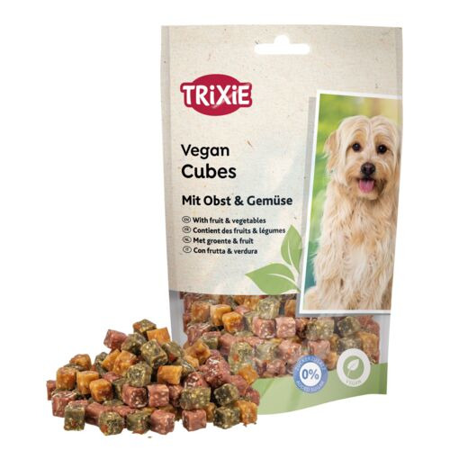 TRIXIE Vegan Cubes, vegane Hundesnacks mit Obst & Gemüse, 0% Fleisch, gesunde Zutaten, bunte Würfel, Menge: ca. 140 g.