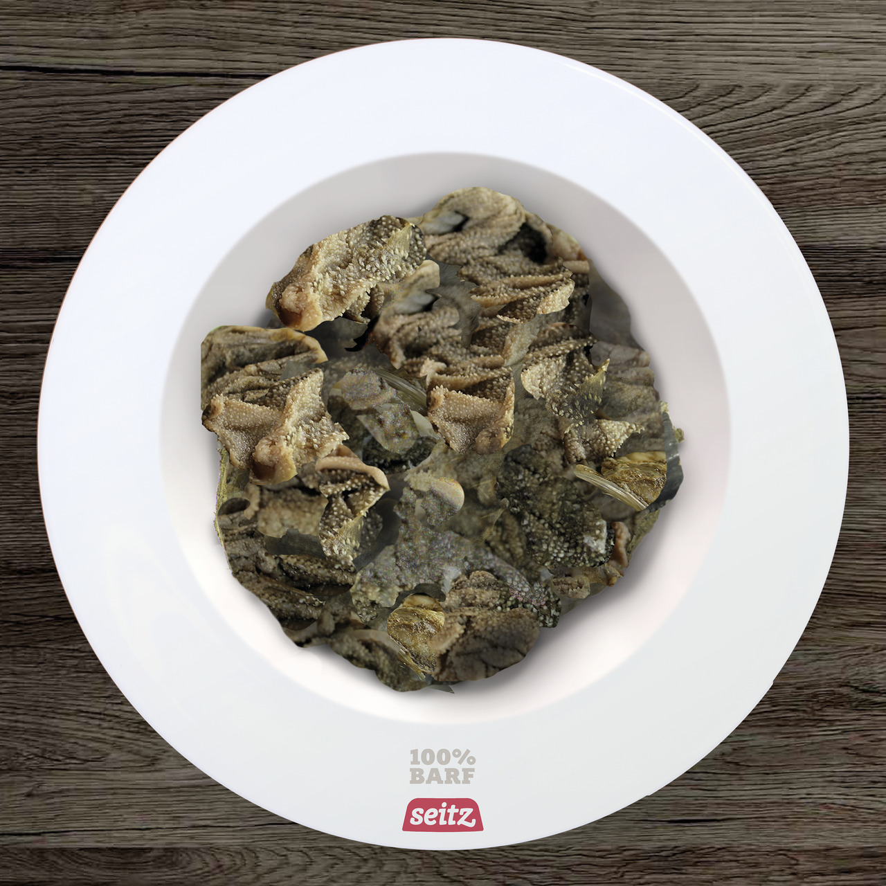 Seitz 100% BARF getr. Pansen, Hunde, proteinreiche Nahrungsergänzung, natürliche Zutaten, weiße Schale, Logo sichtbar.
