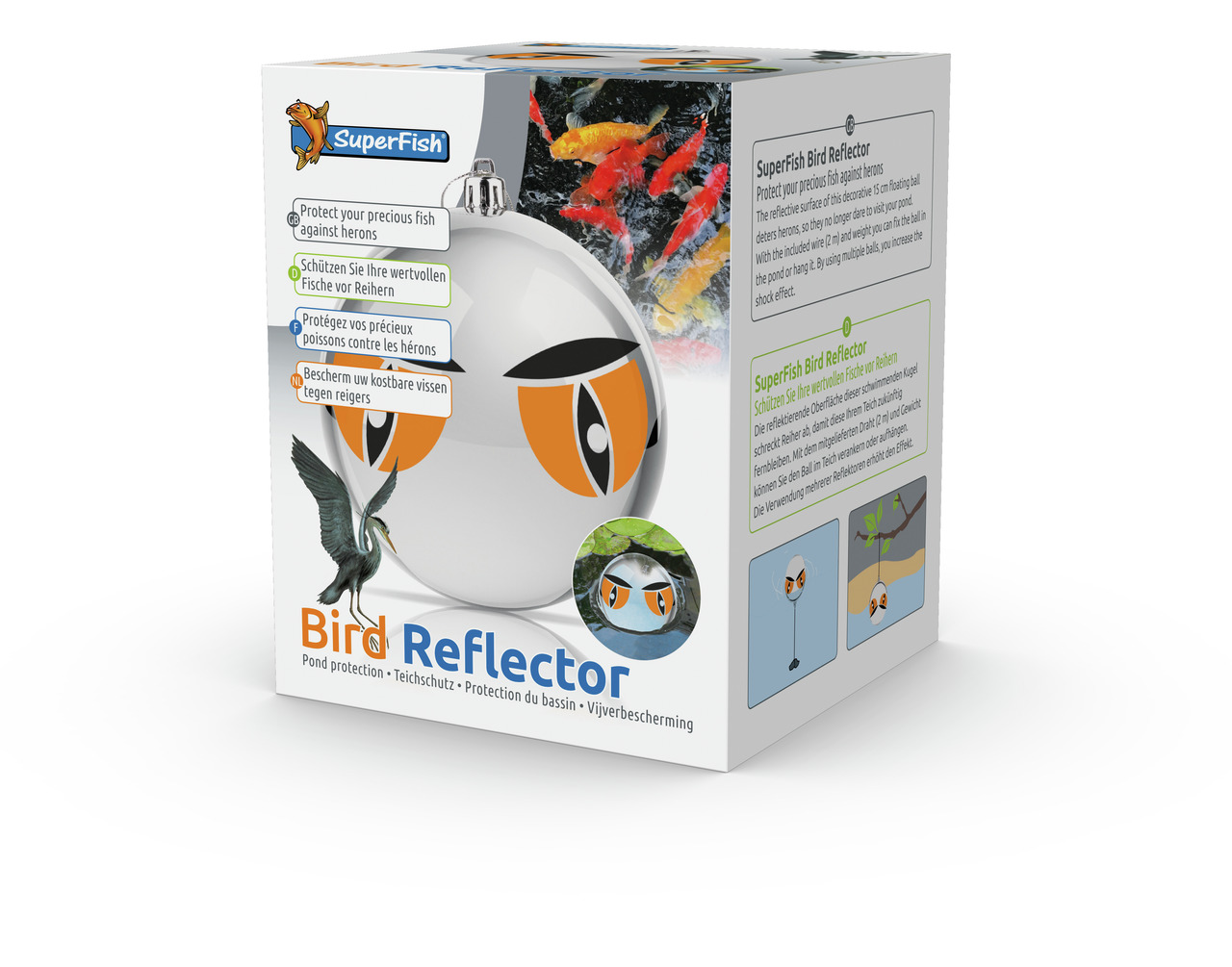Das Bild zeigt die Verpackung des Produkts „SuperFish Bird Reflector“. Es handelt sich um eine reflektierende Kugel, die Teiche vor Reihern schützt. Zielgruppe sind Teichbesitzer, die ihre Fische schützen möchten. Die Kugel hat ein auffälliges Design mit 