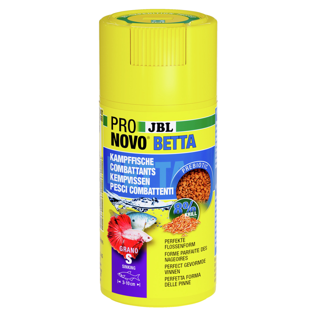 JBL Pro Novo Betta, Fischfutter f. Kampffische (3-10 cm), Granulat m. 8 % Krill, 60 ml. Unterstützt Flossenform, präbiotisch.