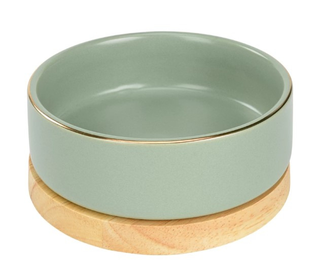 Futterschale MORE, Keramik, goldener Rand, für Hunde/Katzen, auf Holzsockel, stabil, ideal für Trocken-/Nassfutter, stilvoll.