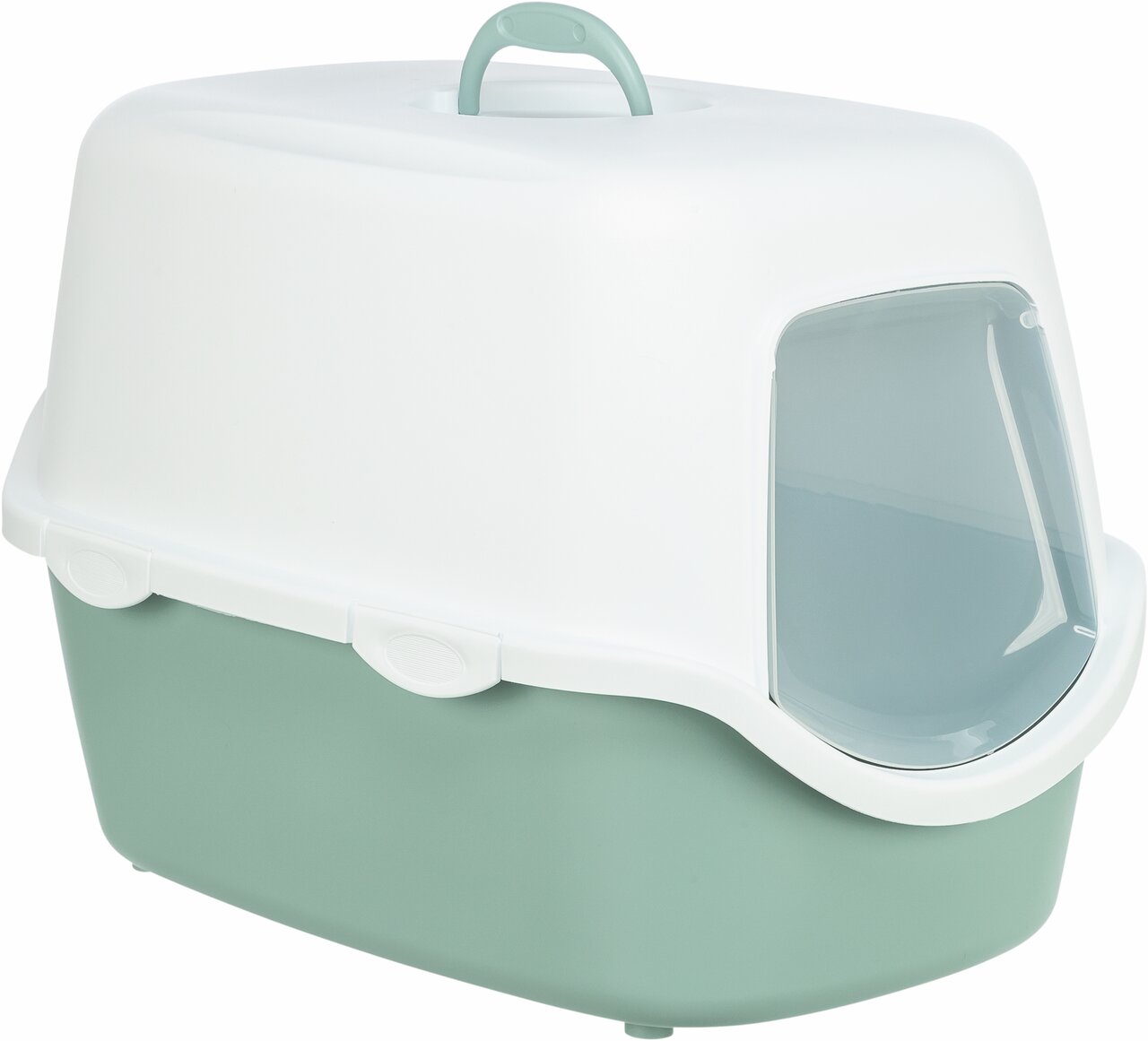 TRIXIE Katzentoilette Berto Top, Katzen, Weiß/Grün, mit Haube, Schwingtür & Tragegriff, hygienisch, leicht zu reinigen.