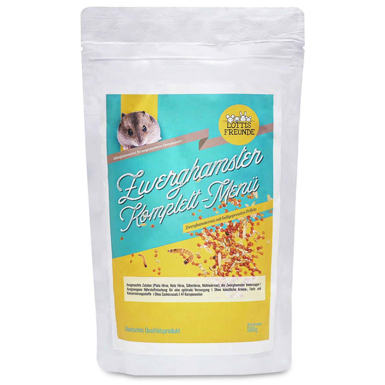 LOTTIS FREUNDE Zwerghamster Komplett-Menü, 500 g, Alleinfutter f. Zwerghamster, mit Hirse & Mehlwürmern, ohne künstl. Zusätze.