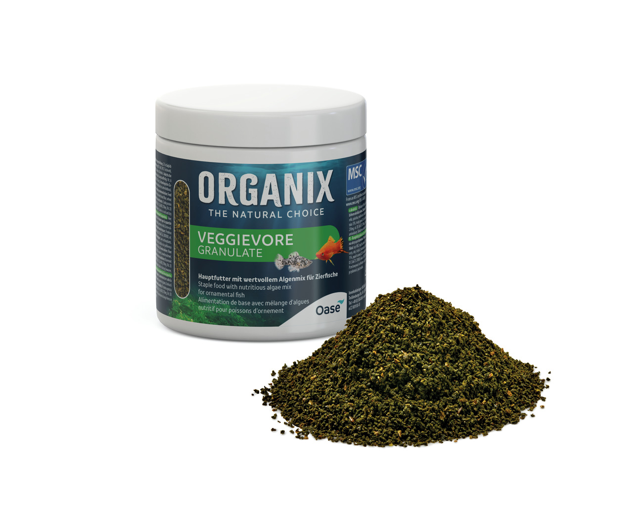 Oase Organix Veggievore Granulate, 250 ml, für Zierfische, nährstoffreicher Algenmix, grünes Granulatfutter.