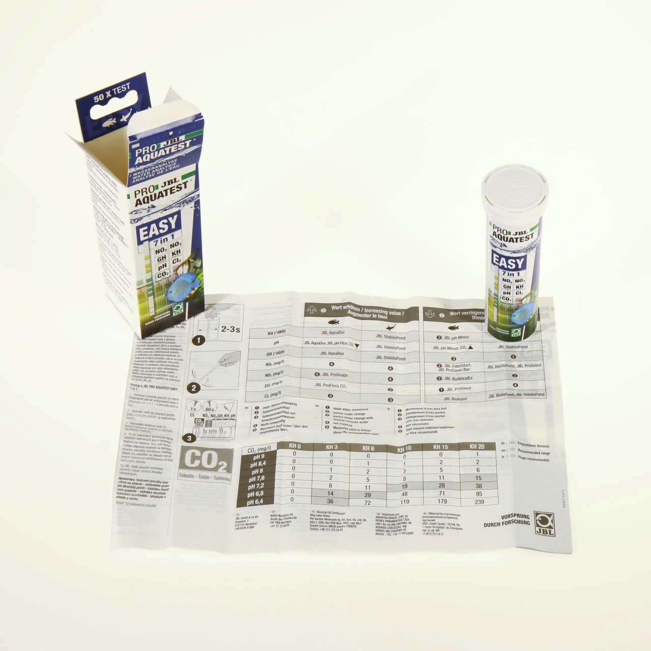 JBL ProAquaTest Easy 7 in 1, Wassertest-Set für Aquarien/Teiche, misst 7 Werte (NO2, NO3, GH, KH, pH, Cl2, CO2), 50 Tests.