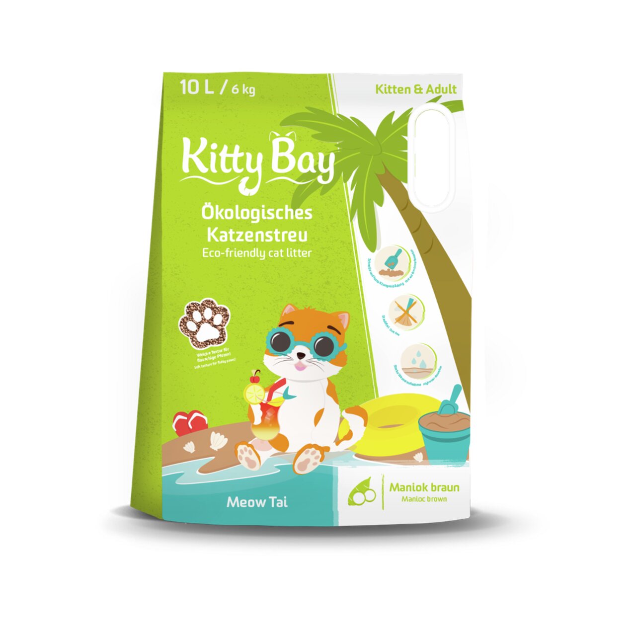 Kitty Bay Ökologisches Katzenstreu für Kitten & Adult, Geschmacksrichtung Maniok braun, 10L/6kg, nachhaltig und klumpend.