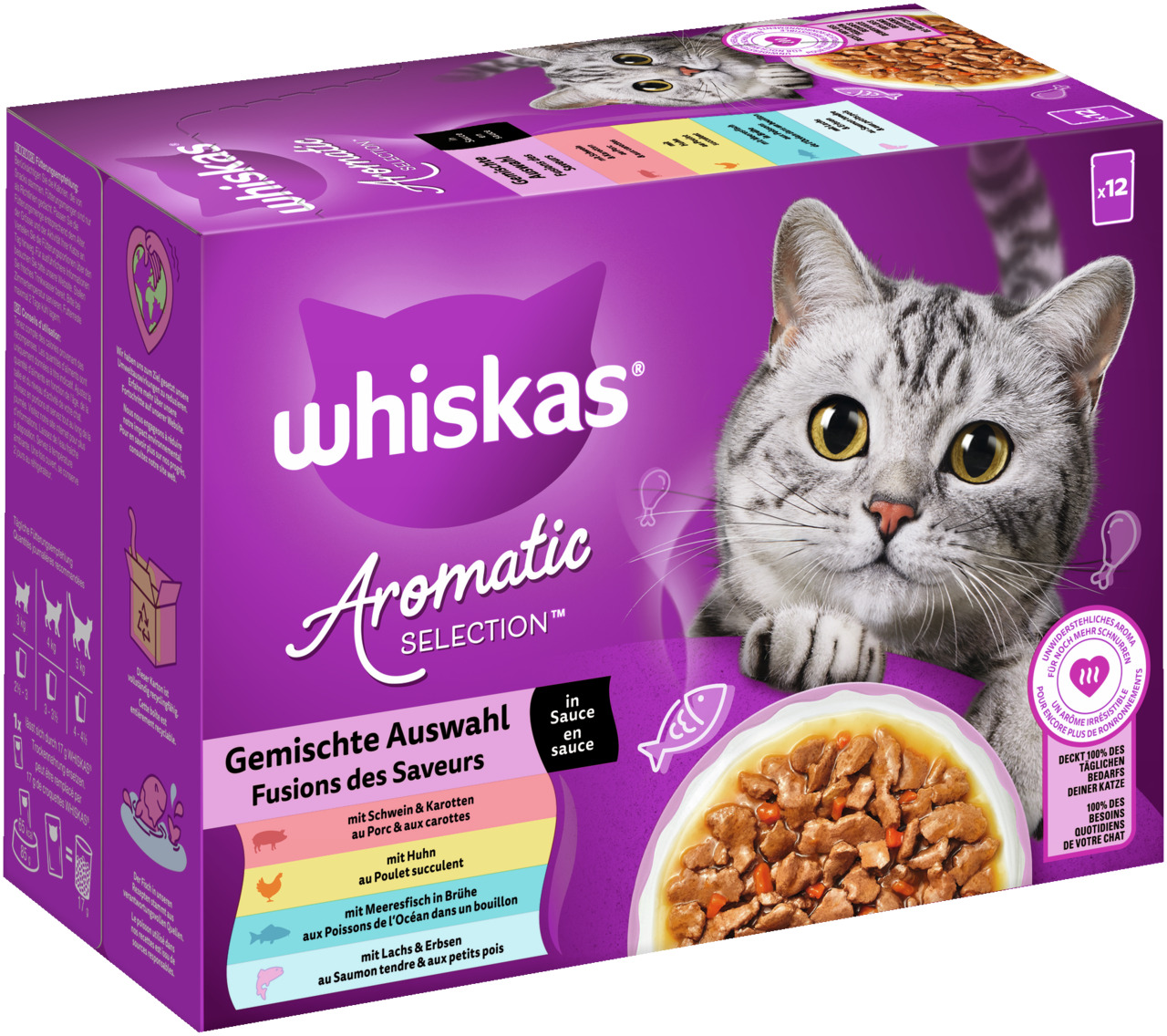 Whiskas Aromatic Selection in Sauce, für ausgewachsene Katzen, Schwein & Karotten, Huhn, Meeresfisch, Lachs & Erbsen, 12 Beutel.