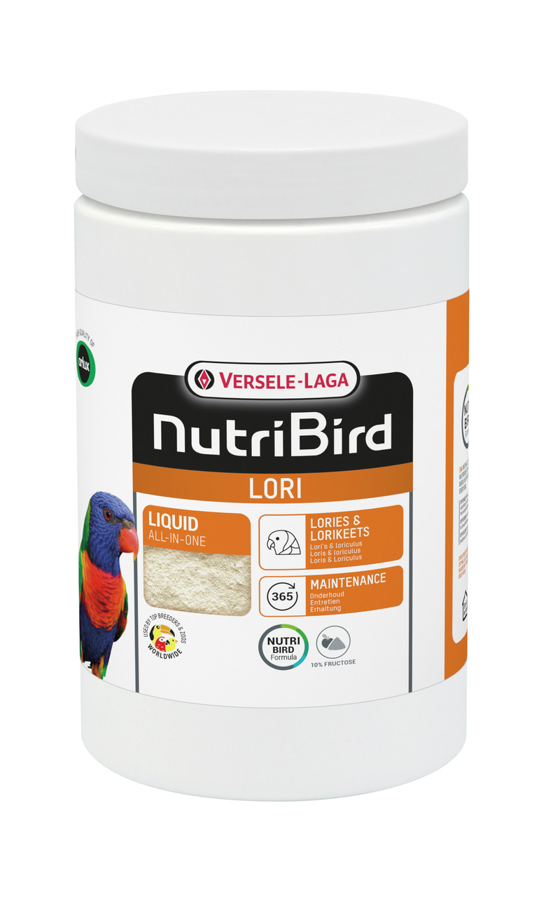 Das Bild zeigt eine weiße Dose des Produkts „NutriBird Lori“ der Marke Versele-Laga. Es handelt sich um ein flüssiges All-in-One-Futter für Loris und Lorikeets. Die Verpackung enthält 365 g und ist speziell für die Erhaltung und Pflege dieser Vogelarten e