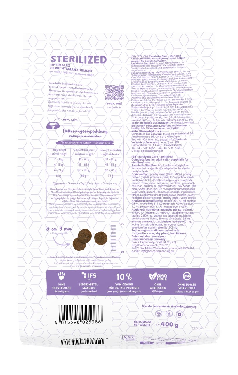 Sanabelle Sterilized Katzenfutter, Geflügel, 400 g, für sterilisierte Katzen, ohne Gentechnik, Tierversuche & Zuckerzusatz.