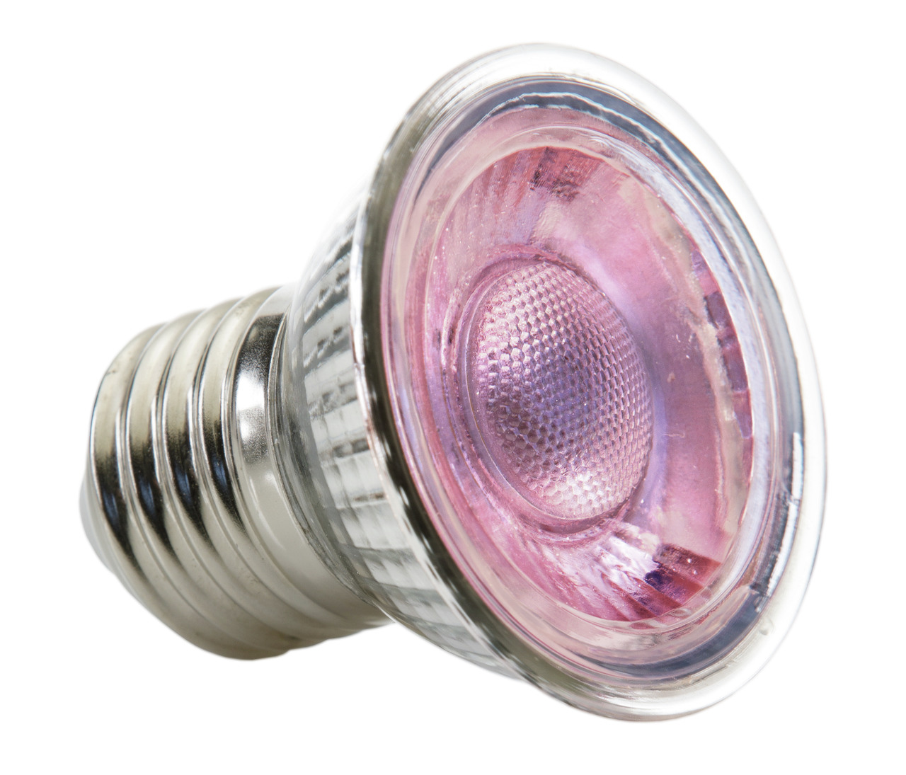 Das Bild zeigt eine Exo Terra Heat Glo Infrarot-Wärmelampe mit EAN 015561223423. Die Lampe ist speziell für Reptilien und andere Terrarientiere entwickelt. Sie hat eine rosafarbene Glasoberfläche und einen silbernen Schraubsockel. Die Lampe dient zur Wärm