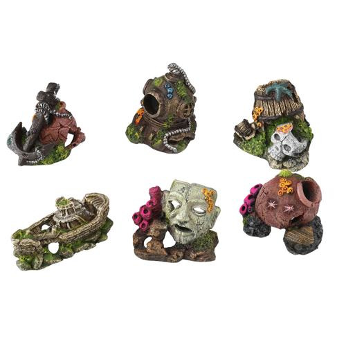 AQUA DELLA Dekoelemente für Aquarienbesitzer: Schiffswrack, Maske & fantasievolle Motive, 6-tlg., für abwechslungsreiche Fisch-Umgebung.