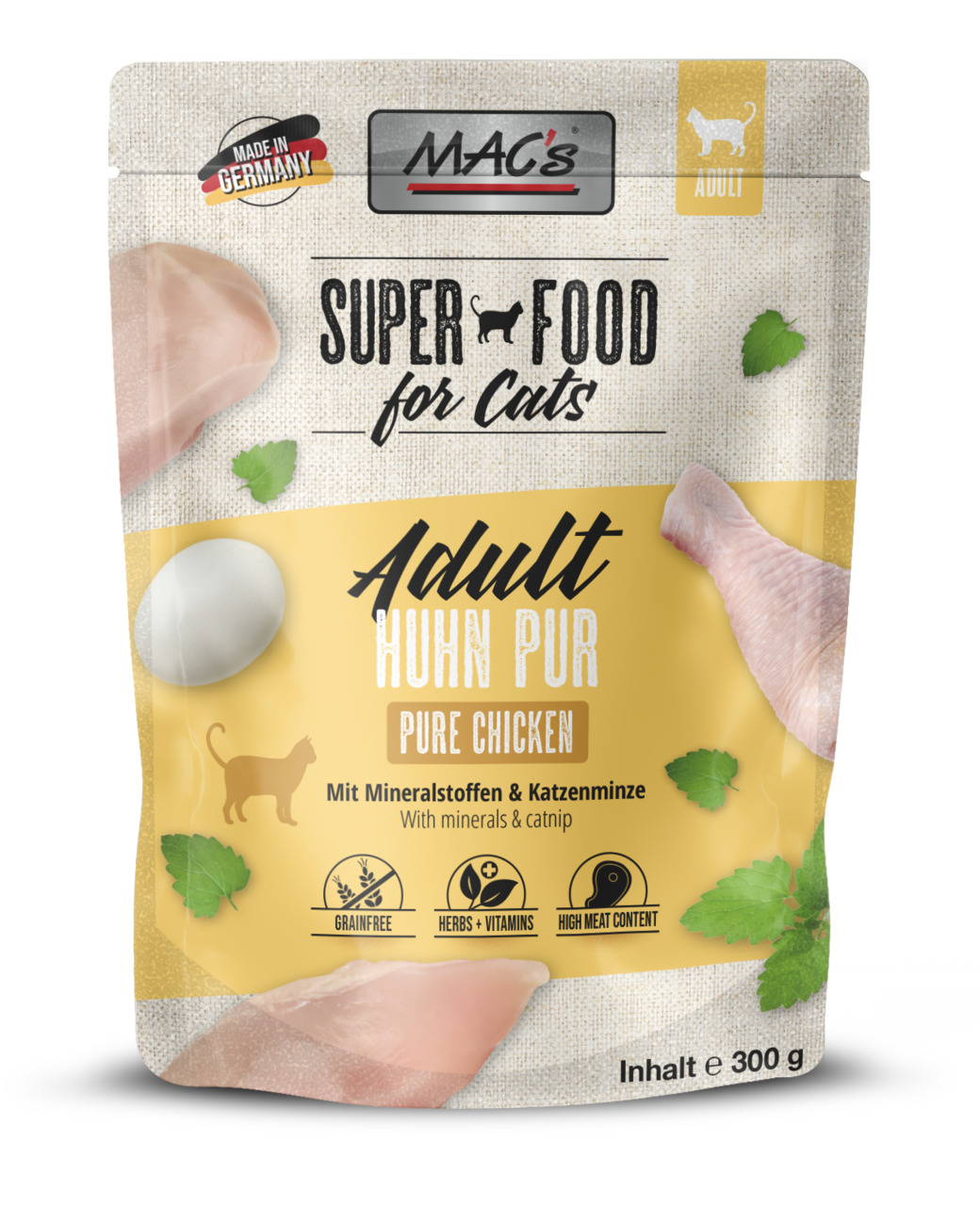 Das Bild zeigt eine Verpackung des Katzenfutters "MAC's Superfood for Cats" in der Sorte "Adult Huhn Pur" (Pure Chicken). Es ist speziell für erwachsene Katzen geeignet und enthält 300 g. Die Rezeptur ist getreidefrei, reich an Fleisch, mit Mineralstoffen