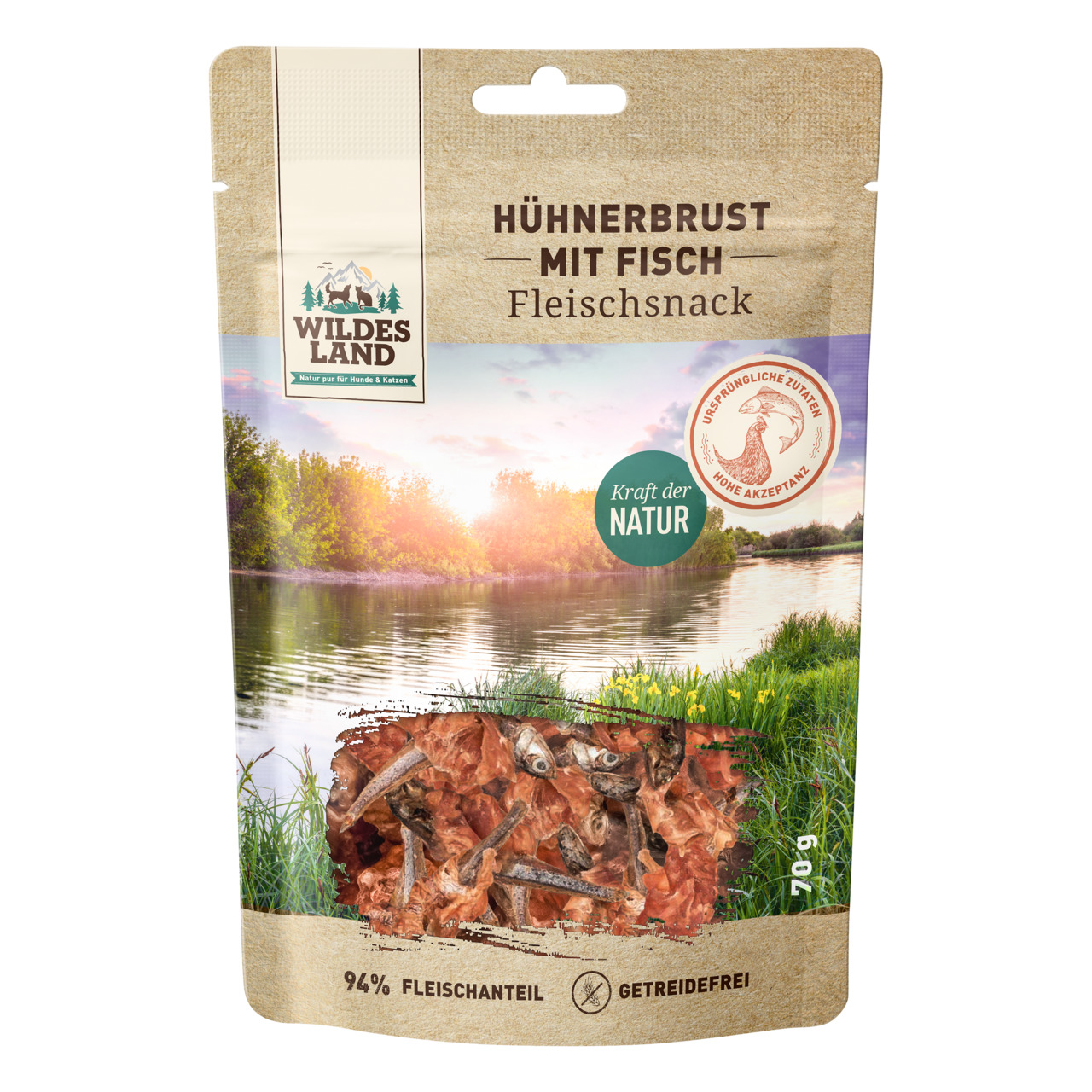 Wildes Land Hühnerbrust mit Fisch, Fleischsnack für Hunde, Huhn & Fisch, 70 g, getreidefrei, 94 % Fleisch, natürliche Zutaten.