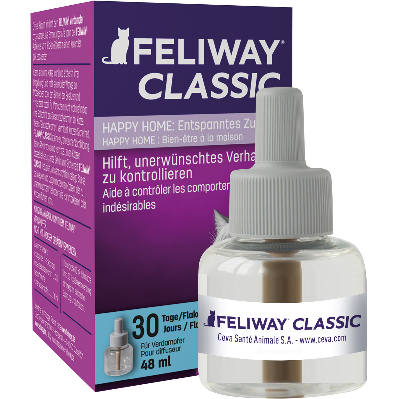 Feliway Classic Nachfüllflakon 48 ml, für Katzenbesitzer, kontrolliert Verhalten, schafft entspanntes Zuhause, lila Verpackung.