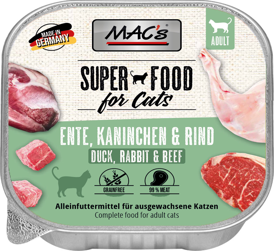 MAC's Superfood f. Cats, Ente-Kaninchen-Rind, Alleinfutter f. erw. Katzen, getreidefrei, 99 % Fleisch.