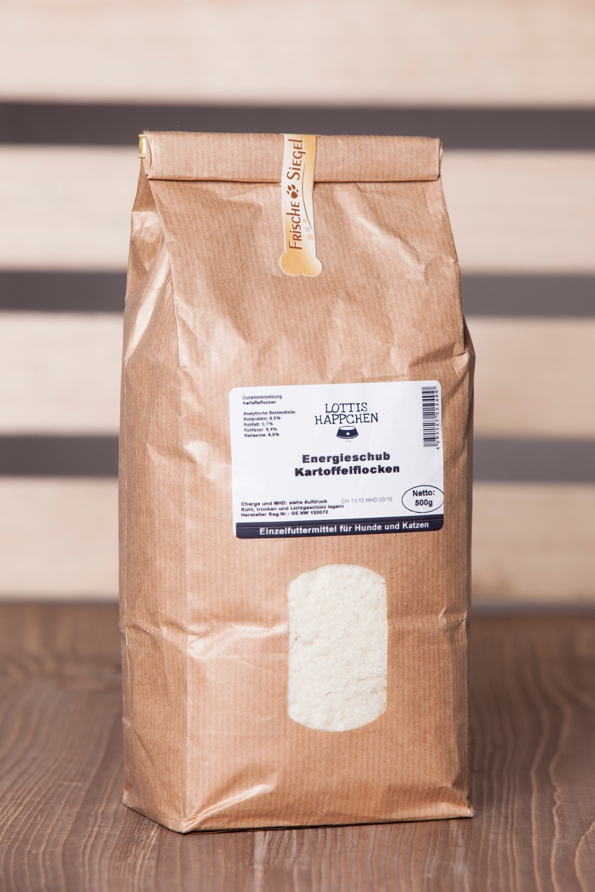 Lottis Häppchen Energieschub Kartoffelflocken, Einzelfuttermittel f. Hunde/Katzen, energiereich, 500 g, mit Frische-Siegel.