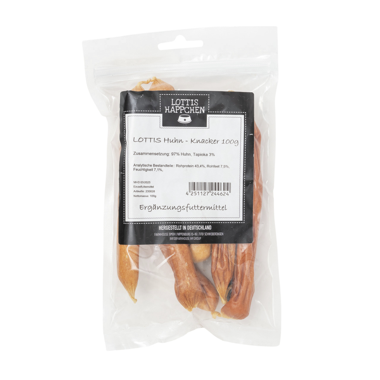 Lottis Häppchen Huhn-Knacker für Hunde, 100 g, 97 % Huhn, 3 % Tapioka, Ergänzungsfuttermittel.