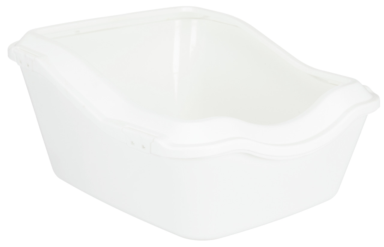 Weiße Katzentoilette von TRIXIE mit hoher Rückwand und abgesenktem Einstieg, ideal für Katzen aller Altersgruppen. Die robuste Kunststoffkonstruktion bietet Stabilität und einfache Reinigung. Perfekt für hygienische Bedürfnisse von Katzen. EAN: 4011905403