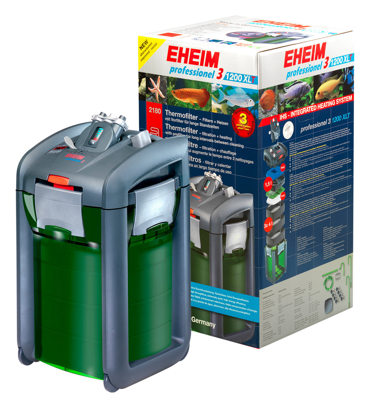 EHEIM professionel 3 Außenfilter, für Süß--Meerwasseraquarien, leise & effizient, modernes Design, graues Gehäuse, grüner Behälter.