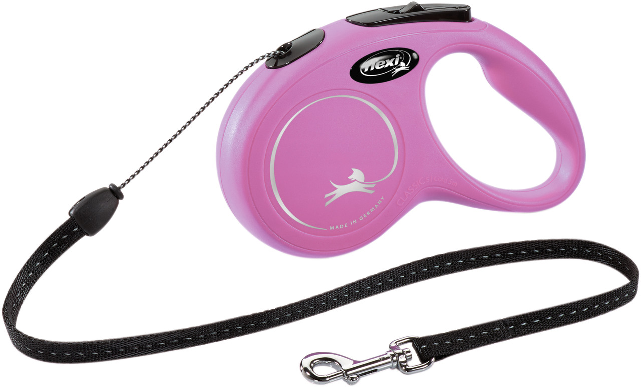 Rosa Flexi Classic S Rollleine für Hunde, geeignet für kleine bis mittelgroße Hunde bis 12 kg. Die Leine hat eine Länge von 5 Metern und bietet eine komfortable Handhabung durch den ergonomischen Griff. Hergestellt in Deutschland, ideal für Spaziergänge m