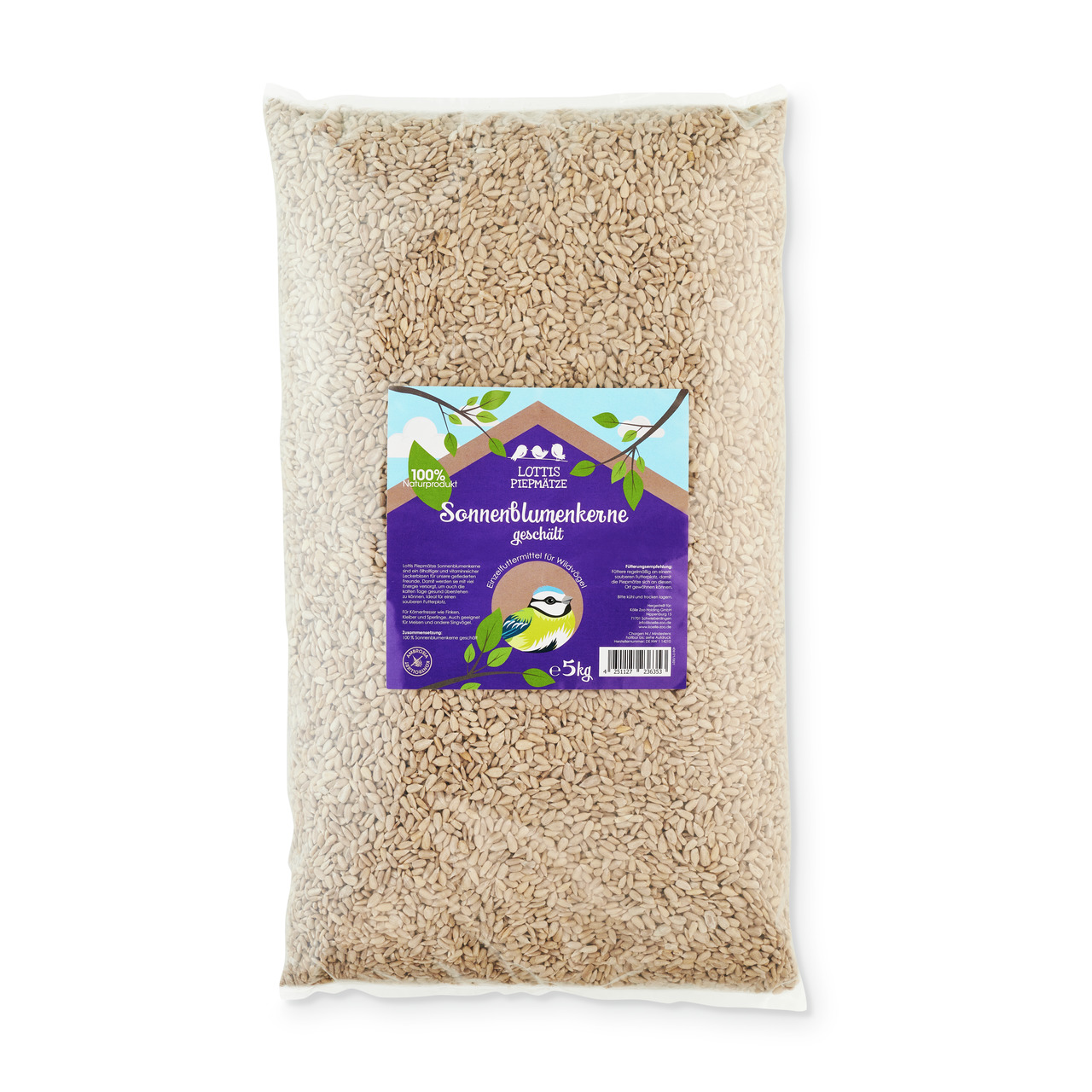 Lottis Piepmätze geschälte Sonnenblumenkerne, 5 kg, für Wildvögel, 100% natürlich, transparent mit violettem Etikett.