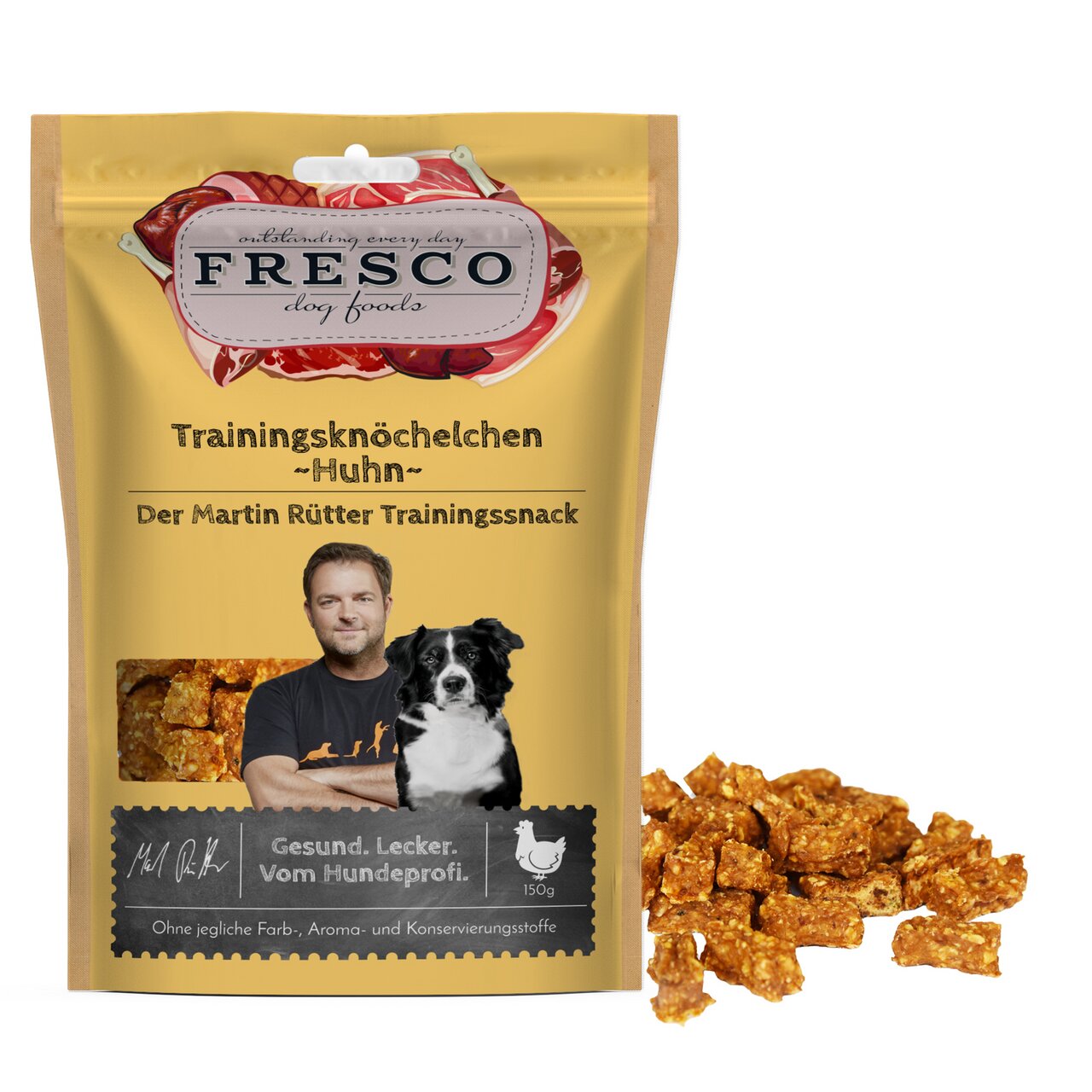 Fresco Trainingsknöchelchen Huhn, Hundesnack, Zielgruppe Hunde, gesund, lecker, Menge 150 g, frei von Zusatzstoffen.