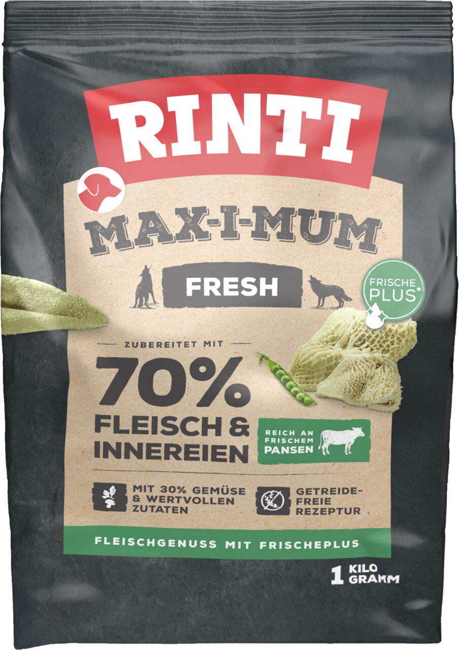 RINTI Max-i-mum Fresh Hundetrockenfutter, Zielgruppe Hunde, Geschmack Pansen, getreidefrei, 1 kg, 70% Fleisch & Innereien.