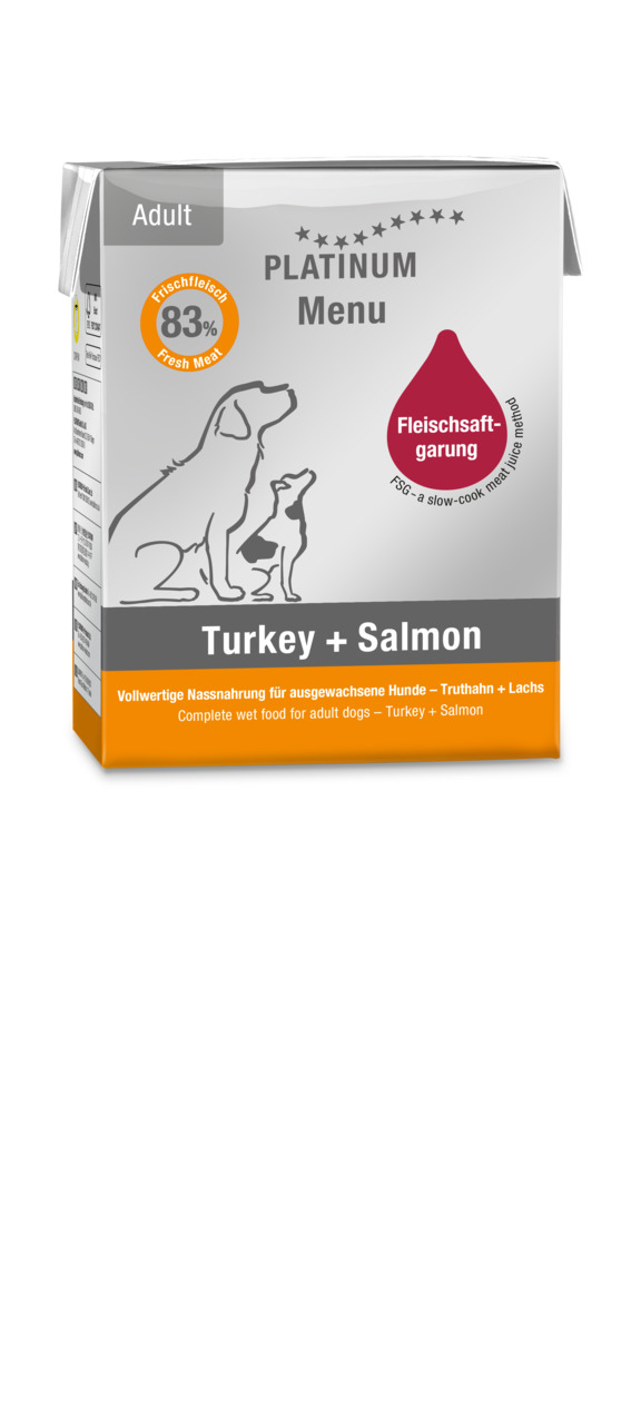 PLATINUM Menu Turkey+Salmon Nassfutter f. erw. Hunde, Truthahn+Lachs, 83 % Frischfleisch, Fleischsaftgarung.