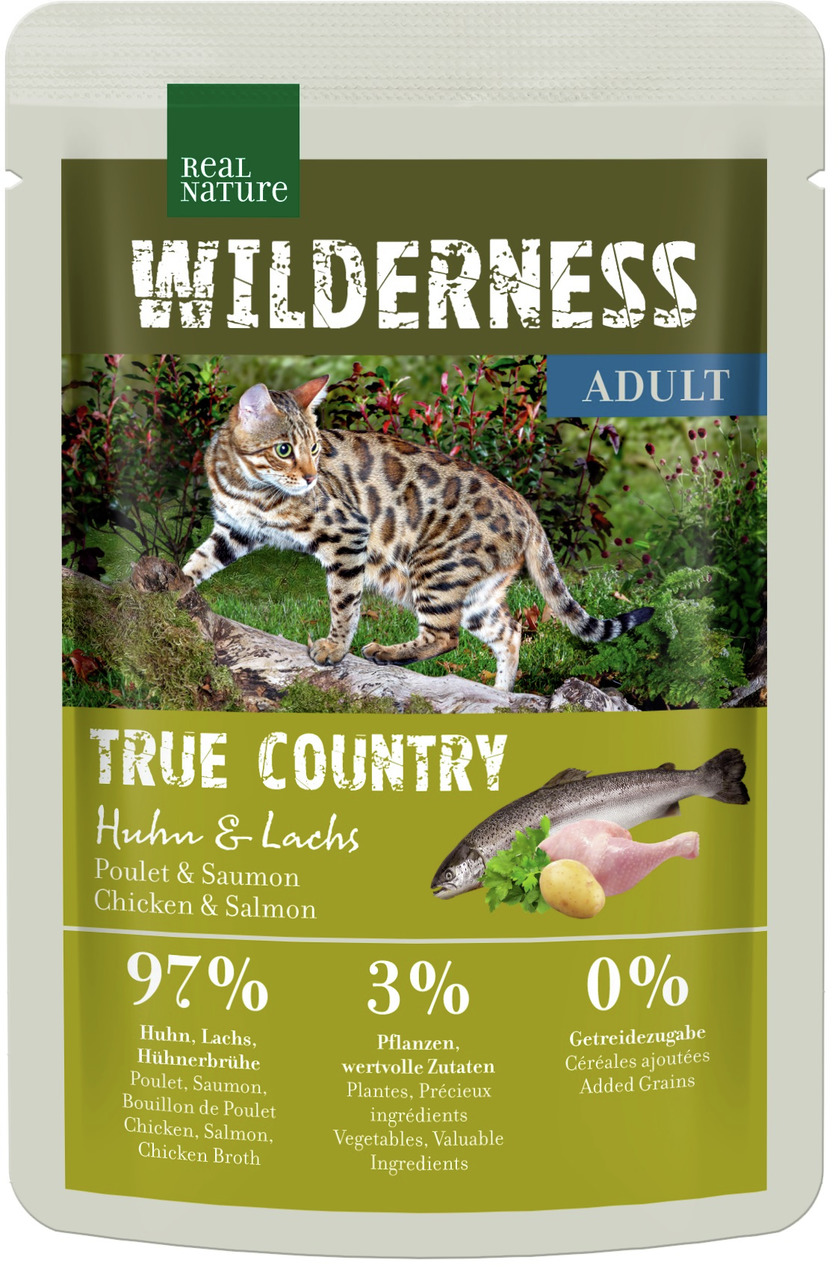 REAL NATURE WILDERNESS TRUE COUNTRY Katzenfutter, Huhn & Lachs, 97 % tierische Zutaten, 0 % Getreide, für erwachsene Katzen.