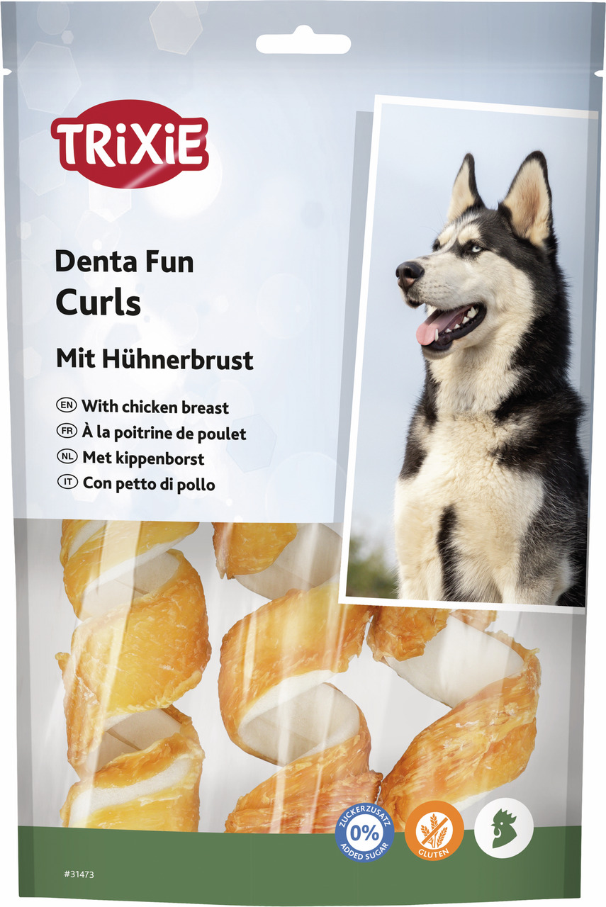TRIXIE Denta Fun Curls, Hundesnack f. erw. Hunde, Hühnerbrust, glutenfrei, ohne Zucker, gedrehte Kaustangen, Husky-Bild.