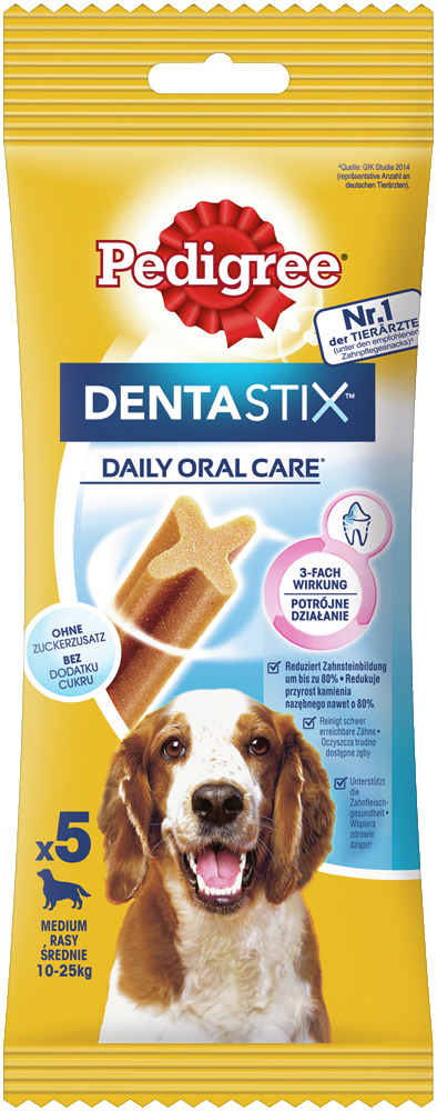Pedigree Dentastix Daily Oral Care, mittelgr. Hunde (10-25 kg), 5 Stk., reduziert Zahnstein um 80 %, ohne Zucker, für gesunde Zähne.
